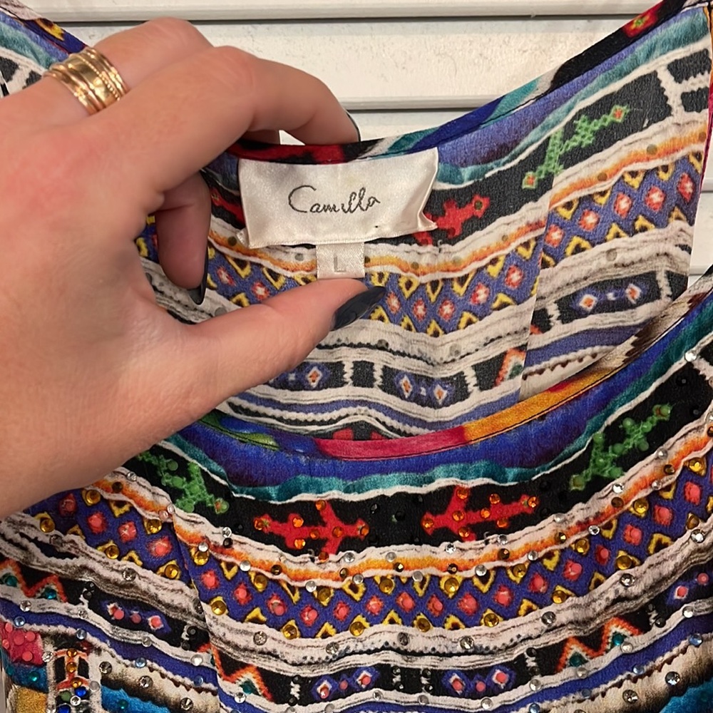 Camilla Shoestring Multi Color Silk Rhinestone Romper sz L - Picture 7 of 9